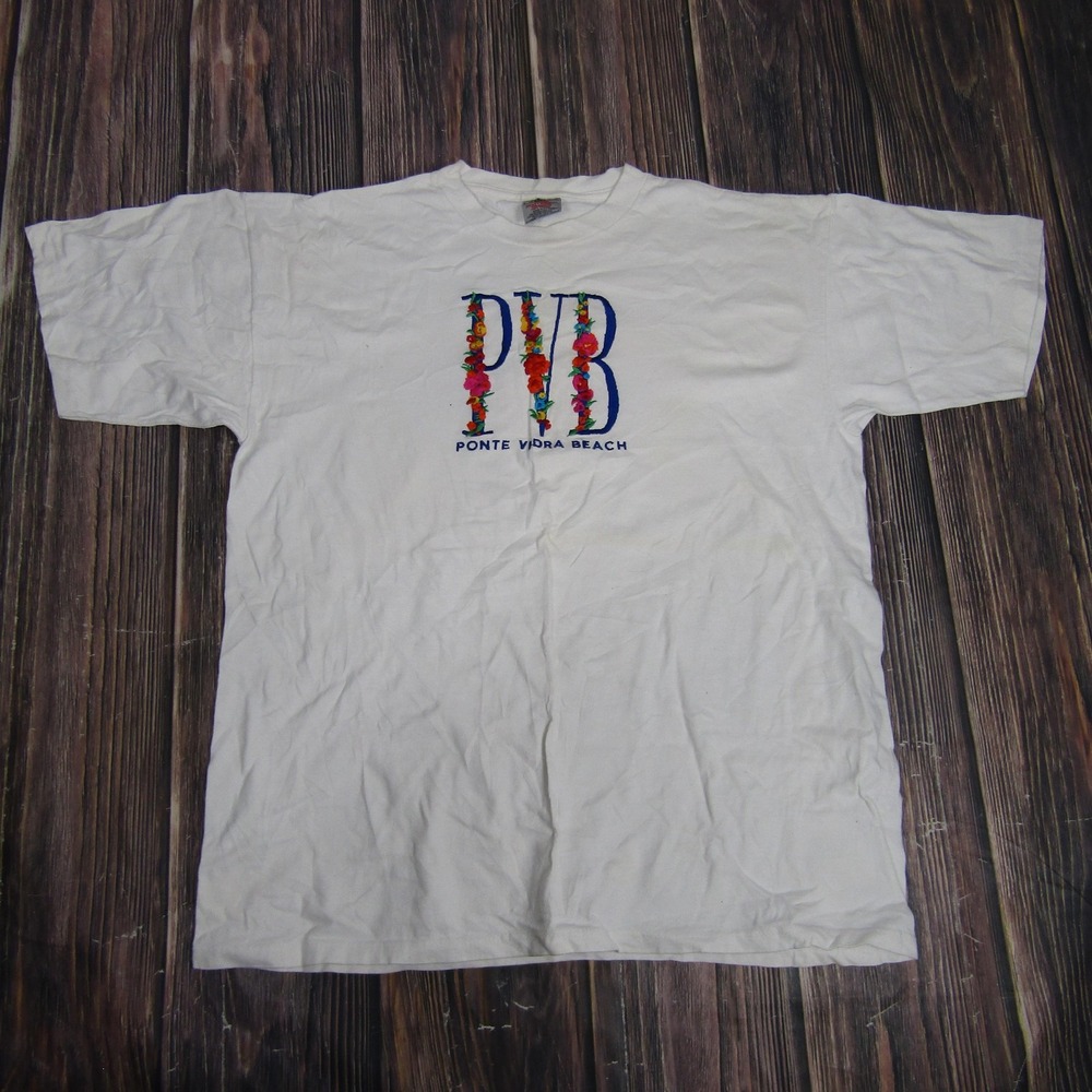 Oneita T-Shirt Mens XL White Vintage‎ Ponte Vedra Beach Floral Embroidered USA